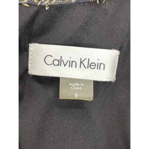 Calvin Klein Dress 8 Black Gold Metallic Leopard-type pattern A-line Round Neck - Picture 7 of 12